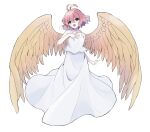  1girl absurdres antenna_hair blush brown_wings dress eyelashes full_body gradient_hair hair_between_eyes hand_on_own_chest harpy_(puyopuyo) highres kashima_miyako multicolored_hair open_mouth pink_hair puyopuyo short_hair simple_background solo wavy_hair white_background white_dress wings 