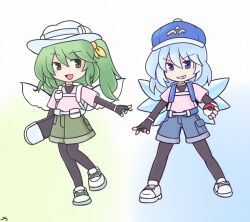  216 2girls alternate_costume black_bodysuit black_gloves blue_background blue_eyes blue_hair blue_hat blue_shorts bodysuit bodysuit_under_clothes cirno commentary_request cosplay daiyousei detached_wings fairy fairy_wings female_protagonist_(pokemon_ww) female_protagonist_(pokemon_ww)_(cosplay) fingerless_gloves gloves gradient_background green_background green_eyes green_hair green_shorts grin hat holding holding_poke_ball ice ice_wings layered_sleeves long_hair long_sleeves looking_at_viewer male_protagonist_(pokemon_ww) male_protagonist_(pokemon_ww)_(cosplay) multiple_girls open_mouth pink_shirt poke_ball poke_ball_(basic) pokemon pokemon_ww shirt shoes short_over_long_sleeves short_sleeves shorts signature smile sneakers touhou white_hat white_shoes wings yellow_shirt 