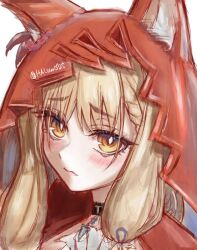  1girl animal_ears arknights arknights:_endfield blonde_hair blush cape closed_mouth commentary_request ears_through_headwear haluuu0725 highres hood hooded_cape looking_at_viewer red_cape rossi_(arknights) solo wolf_ears wolf_girl yellow_eyes 