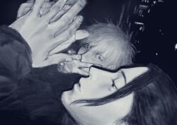  2boys absurdres commentary_request fingernails getou_suguru gojou_satoru greyscale hair_slicked_back highres jujutsu_kaisen k05062688 lips looking_at_viewer male_focus monochrome multiple_boys nose own_hands_together short_hair v 