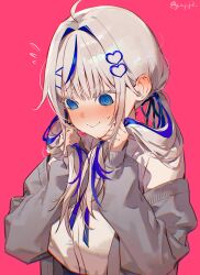  1girl @_@ absurdres ahoge aokumo_rin blue_eyes blush cardigan cardigan_partially_removed chromatic_aberration closed_mouth commentary grey_cardigan grey_hair hair_intakes hair_ornament hands_up heart heart_hair_ornament highres holding holding_own_hair long_hair looking_down multicolored_hair nose_blush pink_background shirt simple_background solo stellive streaked_hair sweat twintails untranslatable_commentary upper_body v-shaped_eyebrows virtual_youtuber white_shirt wispy_bangs ye_jji 