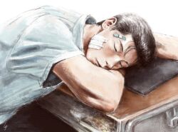  1boy bandaid bandaid_on_face bandaid_on_forehead black_hair blue_hair closed_eyes closed_mouth desk eyelashes gauze gauze_on_cheek highres k05062688 lips male_focus mito_youhei nose school_desk short_hair slam_dunk_(series) sleeping sleeping_on_desk solo 