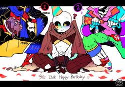  +_+ 2020 3boys :d :p ? alternate_universe aqua_hat artist_name barefoot black_gloves black_jacket black_pants black_sclera black_socks blue_jacket blue_scarf blush brown_cape brown_gloves brown_pants cake cape character_name chinese_commentary chocolate_cake closed_mouth colored_sclera colored_teeth colored_tongue commentary_request dated english_commentary errortale eyes_out_of_frame fingerless_gloves food foot_out_of_frame full_body gloves green_pants grin half_gloves hands_up happy_birthday hat head_out_of_frame heki_(miss60250) holding holding_party_popper indian_style ink_splatter inktale jacket letterboxed long_sleeves looking_at_viewer male_focus mixed-language_commentary multiple_boys multiple_persona nose_blush open_clothes open_jacket orange_hat outside_border pants party_hat party_popper petals pink_shirt pinstripe_pants pinstripe_pattern purple_tongue raised_eyebrows red_petals red_shirt sans_(undertale) scarf shirt shoelaces shoes simple_background sitting skeleton smile socks spoken_number straight-on thick_lineart toeless_socks toes tongue tongue_out two-sided_sleeves two-tone_hat two-tone_headwear undertale utdr_(toby_fox) v_arms white_background white_shirt white_shoes wide_sleeves yellow_eyes yellow_teeth 