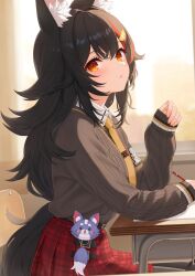  1girl animal_ear_fluff animal_ears black_hair commentary_request desk double-parted_bangs expressionless fingernails from_side grey_sweater hair_between_eyes highres hololive long_hair looking_at_viewer low-tied_long_hair miniskirt miofa_(ookami_mio) nananichi necktie ookami_mio ookami_mio_(10th_costume) plaid_clothes plaid_skirt red_skirt school_desk sitting skirt sleeves_past_wrists solo sweater very_long_hair virtual_youtuber wolf_ears wolf_girl yellow_eyes yellow_necktie 