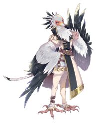  beak bird black_feathers blue_sclera check_commentary colored_sclera commentary_request feathers furry highres light_smile looking_at_viewer maruneko original red_eyes solo tail talons waving white_background white_feathers 