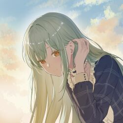  1girl absurdres bang_dream! bang_dream!_it's_mygo!!!!! blue_choker blue_dress choker closed_mouth commentary_request dress frilled_choker frills green_hair hair_behind_ear highres kevanescence long_hair long_sleeves looking_at_viewer plaid_clothes plaid_dress revision sidelocks solo wakaba_mutsumi yellow_eyes 