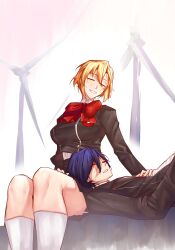  1boy 1girl absurdres aigis_(persona) blonde_hair blue_hair blurry blurry_background bob_cut bow bowtie breasts closed_eyes double-parted_bangs gekkoukan_high_school_uniform hair_between_eyes highres lap_pillow large_breasts moren_eh parted_lips persona persona_3 persona_3_reload red_bow ribbon school_uniform short_hair sleeping sleeping_on_person smile socks white_socks wind_turbine yuuki_makoto_(persona_3) 