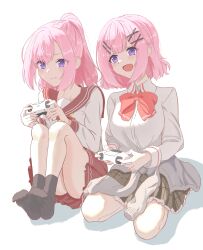  2girls absurdres amaori_haruna amaori_renako ashigaya_high_school_uniform bow bowtie clothes_around_waist collared_shirt controller game_controller hair_ornament hairclip highres holding holding_controller holding_game_controller jacket jacket_around_waist kneeling long_hair medium_hair mikang multiple_girls neckerchief open_mouth pink_hair ponytail red_bow red_bowtie red_sailor_collar red_skirt sailor_collar school_uniform shirt siblings simple_background sisters skirt violet_eyes watashi_ga_koibito_ni_nareru_wake_naijan_murimuri! white_background white_shirt x_hair_ornament yellow_neckerchief 