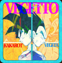  3boys black_hair blue_border border character_name close-up dragon_ball dragon_ball_z earrings fenyon halo highres jewelry limited_palette male_focus medium_hair multiple_boys potara_earrings profile son_goku spiky_hair super_saiyan super_saiyan_1 traditional_halo vegeta vegetto yellow_background 