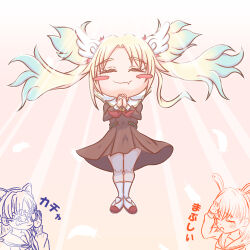  3girls animal_ear_hairband animal_ears blonde_hair blue_hair blush_stickers brown_dress closed_eyes closed_mouth commentary_request curtained_hair dress facing_viewer fake_animal_ears fang fang_out floating_hair flower gradient_hair hair_flower hair_ornament hairband hasu_no_sora_school_uniform head_wings hinoshita_kaho interlocked_fingers link!_like!_love_live! long_sleeves love_live! medium_dress multicolored_hair multiple_girls murano_sayaka neckerchief novelty_glasses open_mouth osawa_rurino own_hands_clasped own_hands_together parted_bangs pink_flower pleated_dress rabbit_ear_hairband rabbit_ears raised_inner_eyebrows red_neckerchief red_shoes saboten_(sabo10_c) sailor_collar sailor_dress school_uniform shoes skin_fang smile socks sunglasses uwabaki virtual_youtuber white_sailor_collar white_socks wings winter_uniform 