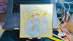  1girl animal_ear_piercing art_tools_in_frame artist_request blonde_hair blue_tabard blush bow breasts cat_on_chest chen chen_(cat) colored_pencil_(medium) commentary_request commission dress green_hat hands_up hat highres huge_breasts kitsune kyuubi long_sleeves looking_at_viewer mob_cap multiple_tails open_mouth photo_(medium) short_hair sleeves_past_wrists solo tabard tail touhou traditional_media upper_body white_dress white_hat yakumo_ran yellow_bow yellow_eyes 