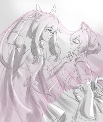 2girls arm_ribbon bare_shoulders bonnet bow bow_choker bowtie choker closed_eyes closed_mouth columbina_(genshin_impact) commentary cowboy_shot detached_collar detached_sleeves dress english_commentary eyelashes frilled_headwear frilled_sleeves frills genshin_impact grabbing_another's_chin gradient_background grey_background greyscale hair_between_eyes hair_bun hair_ornament hair_ribbon hair_through_headwear hand_on_another's_chin happy highres long_hair long_sidelocks long_sleeves low-tied_sidelocks medium_dress monochrome multiple_girls nikki_(series) nonoberry22 parody pink_veil pleated_dress puffy_short_sleeves puffy_sleeves ribbon sandrone_(genshin_impact) scene_reference see-through_clothes see-through_veil shared_veil shining_nikki short_sleeves sidelocks simple_background single_hair_bun smile spot_color strapless strapless_dress tress_ribbon veil very_long_hair waist_ribbon wide_sleeves wing_hair_ornament yuri 