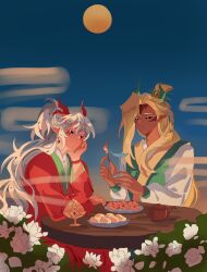  2others absurdres adam's_apple ananas_dragon_cookie asymmetrical_bangs bad_id bad_lofter_id bead_bracelet beads blonde_hair blue_sky bracelet braid bush chinese_clothes closed_mouth colored_eyelashes colored_skin cookie_run cookie_run:_ovenbreak cowboy_shot curtained_hair dark_skin double-parted_bangs dragon_horns earrings elbows_on_table expressionless eyes_visible_through_hair facial_mark flower food food-themed_hair gem geruideyundongxie gold_earrings green_gem green_hanfu green_horns hair_behind_ear hair_between_eyes hair_over_one_eye hair_tie hand_up hands_up hanfu high_ponytail highres holding holding_matchstick horns humanization jewelry light_frown long_hair long_sleeves looking_at_object looking_at_viewer looking_down multiple_others other_focus outdoors pink_skin pitaya_dragon_cookie plate pointy_ears ponytail puffy_long_sleeves puffy_sleeves raglan_sleeves red_hanfu red_horns rose round_table short_ponytail sidelocks simple_background single_braid sitting sky table teapot thick_eyebrows tsurime underlighting v-shaped_eyebrows white_eyelashes white_eyes white_flower white_hair white_rose white_sleeves wide_sleeves wooden_table yellow_eyes yellow_trim 