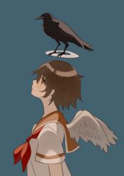  1girl absurdres angel angel_wings bird blue_background brown_eyes brown_hair commentary_request crow dress feathered_wings from_side haibane_renmei hair_between_eyes halo highres looking_up neckerchief nekachew orange_sailor_collar parted_lips rakka_(haibane_renmei) red_neckerchief sailor_collar short_hair simple_background solo traditional_halo upper_body white_dress wings 