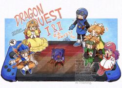  2others 3girls 5boys anniversary armor belt betabetamaru black_bodysuit black_eyes blonde_hair blue_armor blue_background blue_eyes blue_gloves blue_hat blue_helmet blue_tunic bodysuit boots border cape commentary_request confetti cousins curly_hair dragon_lord dragon_quest dragon_quest_ii dress fake_horns full_body gloves goggles goggles_on_headwear green_eyes green_gloves green_tabard hat helmet highres horned_helmet horns indian_style jewelry long_dress long_hair multiple_boys multiple_girls multiple_others open_mouth orange_bodysuit orange_hair outside_border pink_hood prince_of_lorasia prince_of_samantoria princess_of_moonbrook puffy_short_sleeves puffy_sleeves purple_hair red_eyes red_hood robe short_hair short_sleeves shoulder_armor sitting slime_(dragon_quest) smile spiky_hair standing sweatdrop tabard tiara tunic two-tone_background white_background white_gloves white_robe yellow_dress 