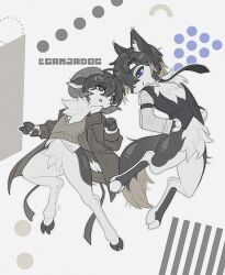  2boys :o @_@ abstract_background animal_feet animal_hands black_fur blue_eyes brown_fur brown_hair brown_horns brown_jacket brown_shirt closed_mouth commission gamjadog hands_on_own_hips hooves horns jacket looking_at_another male_focus mole mole_under_eye multicolored_fur multiple_boys neck_fur no_pants original sheep_boy sheep_horns shirt smile sweat two-tone_fur white_fur wolf_boy 