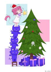  >_< :3 absurdres ander_man asymmetrical_legwear black_hair blush box camila_(vtuber) cat chibi chibi_only christmas christmas_ornaments christmas_present christmas_tree cimp_(camila_(vtuber)) closed_eyes closed_mouth commentary english_commentary full_body gift gift_box hat highres holding indie_virtual_youtuber mismatched_legwear multicolored_hair on_stool pink_hair red_hat santa_hat shirt short_hair smile stack standing star_(symbol) stool streaked_hair tail tree-topper trembling twitter_username two_side_up virtual_youtuber wavy_mouth white_hair white_shirt 
