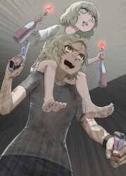  2girls barefoot blonde_hair carrying commentary_request emily_(resident_evil) from_below grace_ashcroft gun handgun highres molotov_cocktail multiple_girls open_mouth resident_evil resident_evil_requiem short_hair shoulder_carry weapon zombie_mogura 