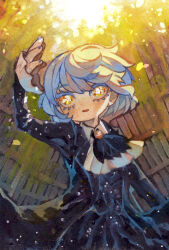  1girl angela_(project_moon) arm_up ascot black_coat black_skirt black_vest blue_hair blue_nails bookshelf coat commentary_request highres lapels library_of_ruina mochigome_138 notched_lapels overlighting painting_(medium) project_moon short_hair skirt solo sparkling_eyes traditional_media vest watercolor_(medium) white_ascot yellow_eyes 