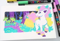  animal_focus art_tools_in_frame artist_name artsy-theo closed_mouth commentary forest full_body galarian_ponyta grass horns marker marker_(medium) mushroom nature no_humans outdoors photo_(medium) pokemon pokemon_(creature) pokemon_focus single_horn traditional_media tree unicorn 