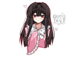  2girls bow bowtie brown_hair closed_mouth commentary_request frilled_sleeves frills fujiwara_no_mokou hair_between_eyes hair_bow heart houraisan_kaguya long_hair long_sleeves looking_at_viewer multiple_girls paint_chat_(medium) pink_shirt red_eyes shirt smile solo_focus touhou translation_request ussame very_long_hair white_bow white_bowtie wide_sleeves 