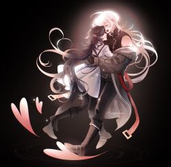  1boy 1girl a_date_with_death belt black_gloves black_hair black_shirt boots casper_(a_date_with_death) closed_eyes commentary dress english_commentary gloves grey_jacket grin hand_on_another's_back heads_together highres jacket jacket_partially_removed jellyfish_cut jingabyss long_hair oc_x_canon original pointy_ears shirt sleeveless sleeveless_shirt smile standing standing_on_one_leg white_dress white_hair 