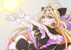  1girl antenna_hair black_capelet black_dress blonde_hair braid capelet commentary_request cure_arcana_shadow dress earrings grey_background hair_between_eyes hair_intakes isse jewelry long_hair meitantei_precure! moria_luluka outstretched_arms parted_lips precure solo very_long_hair violet_eyes wrist_cuffs 