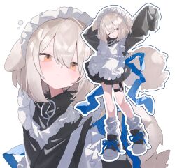  1girl animal_ears apron arms_up black_jacket blue_ribbon closed_mouth commentary_request commission dog_ears dog_girl dog_tail ema-chan_(tarouoga) frilled_apron frills full_body hair_between_eyes highres jacket jersey_maid long_sleeves looking_at_viewer loose_socks maid maid_apron maid_headdress multiple_views o-ring o-ring_thigh_strap one_eye_closed original outline ribbon seto_(setosan) shoes short_hair skeb_commission sleeves_past_fingers sleeves_past_wrists sneakers socks standing stretching tail thigh_strap unconventional_maid white_apron white_background white_outline white_socks yellow_eyes 