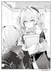  1boy 1girl absurdres anaxa_(honkai:_star_rail) beret black_jacket commentary_request dress from_behind greyscale hat highres holding honkai:_star_rail honkai_(series) hyacine_(honkai:_star_rail) jacket long_hair long_sleeves medium_hair monochrome parted_lips puffy_long_sleeves puffy_sleeves sitting translation_request twintails twitter_username uwasewau v-shaped_eyebrows 