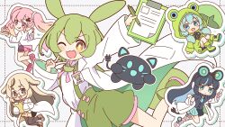  5girls :d ;3 ;d absurdres animal_hood black_hair black_shorts black_streaks blonde_hair blue_eyes blue_hair blue_streaks blush bright_pupils brown_eyes cake cake_slice cat character_request chibi clipboard closed_mouth commentary_request cowboy_shot dot_nose dotted_line double-parted_bangs food fork frog_hood green_raincoat green_shorts hair_between_eyes highres holding holding_clipboard holding_fork holding_pen holding_plate holding_test_tube hood hood_up id_card jitome lab_coat long_hair long_sleeves looking_at_viewer multicolored_hair multiple_girls neck_ribbon necktie one_eye_closed open_mouth outline pen pink_eyes pink_hair pink_ribbon plate raincoat ribbon shirt shorts simple_background smile streaked_hair suspender_shorts suspenders test_tube twintails voicevox white_background white_outline white_pupils white_shirt yellow_eyes yellow_necktie zundamon zungurimukkuri_tarou 