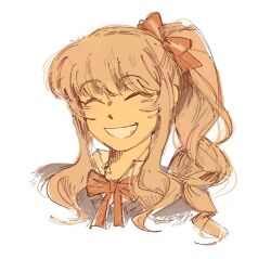  1other akiyama_mizuki alternate_hair_color alternate_skin_color bow bowtie brown_hair cardigan closed_eyes collared_shirt colored_skin commentary drill_hair drill_sidelocks english_commentary grey_cardigan grin hair_bow high_side_ponytail kamiyama_high_school_uniform_(project_sekai) medium_hair nopanamaman other_focus ponytail portrait project_sekai red_bow red_bowtie school_uniform shirt sidelocks skirt smile solo teeth upper_body white_background white_shirt yellow_skin 