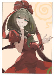  1girl absurdres breasts commentary dress frills green_eyes green_hair green_nails hands_up highres index_finger_raised kagiyama_hina large_ribbon long_hair looking_at_viewer looking_down medium_breasts nail_polish red_dress red_ribbon ribbon short_sleeves solo touhou waltz_(mawazuya) 