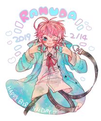  1boy 2019 ;3 ;d \m/ ahoge amemura_ramuda belt black_belt blue_coat blue_eyes blush buckle character_name coat collared_shirt cowlick cropped_torso dated fingernails hands_up happy_birthday hatching_(texture) heart heart-shaped_buckle hood hood_down hooded_coat hypnosis_mic linear_hatching long_sleeves looking_at_viewer male_focus neck_ribbon no_nose nose_blush notice_lines one_eye_closed open_clothes open_coat open_mouth pink_hair pointing pointing_at_self ra_(moggg26) raised_eyebrows red_ribbon ribbon shirt short_hair sidelocks simple_background smile solo straight-on suspenders_hanging swept_bangs watercolor_effect white_background white_shirt 