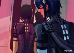  4girls android artist_name blue_hair brown_hair eule_(signalis) flower from_behind hair_flower hair_ornament hand_on_another's_shoulder highres metal_skin multiple_girls out_of_frame pov pov_hands short_hair signalis signature skin_seams star_(signalis) steriskk upper_body 