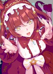  1girl animal_ears blush commentary_request highres horse_ears horse_girl horse_tail kan_lee long_hair looking_at_viewer open_mouth reaching reaching_towards_viewer red_desire_(umamusume) red_hair red_shoes red_skirt red_veil shirt shoes skirt solo standing standing_on_one_leg tail umamusume veil white_shirt yellow_eyes 