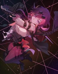  1girl absurdres black_jacket breasts commentary eyewear_on_head gloves gun hair_between_eyes high_heels highres holding holding_gun holding_sword holding_weapon honkai:_star_rail honkai_(series) jacket kafka_(honkai:_star_rail) large_breasts long_sleeves looking_at_viewer pantyhose purple_gloves purple_hair round_eyewear shirt shoes shyorc smile solo sunglasses sword violet_eyes weapon white_shirt 