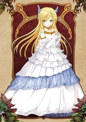  1girl bare_shoulders blonde_hair brooch dress elbow_gloves frilled_dress frills full_body gloves gold_choker green_eyes hands_up interlocked_fingers jewelry long_dress long_hair own_hands_together parted_lips plant rance_(series) rance_ix sheila_helman solo standing strapless strapless_dress white_dress white_gloves yuuki_(alicesoft) 