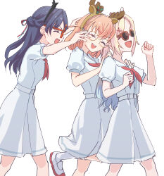 3girls absurdres animal_ear_hairband animal_ears blonde_hair blue_hair blue_ribbon braid brown-framed_eyewear brown_hairband commentary deer_ears dress fake_animal_ears fake_antlers fake_horns feet_out_of_frame glasses hair_ornament hair_ribbon hairband half_up_braid hasu_no_sanrenka hasu_no_sora_school_uniform highres hinoshita_kaho horn_hairband horns lao_ren_xing link!_like!_love_live! long_hair love_live! medium_dress medium_hair multiple_girls murano_sayaka neckerchief orange_hair osawa_rurino pleated_dress pleated_skirt puffy_short_sleeves puffy_sleeves rabbit_hair_ornament red-framed_eyewear red_neckerchief red_ribbon red_shoes ribbon sailor_collar sailor_dress school_uniform shoes short_sleeves skirt socks summer_uniform sunglasses two_side_up uwabaki virtual_youtuber white_dress white_sailor_collar white_socks 