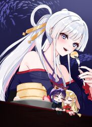  3girls absurdres animal_ears bare_shoulders blonde_hair blue_eyes blue_hoodie blush bosg_12_2 chibi cho_kaguya-hime! closed_eyes commentary cream eating facing_another fish food forehead_jewel fork fox_ears fruit hair_ornament hair_rings hair_stick halterneck hashtag-only_commentary highres holding holding_fork hood hoodie japanese_clothes kaguya_(cho_kaguya-hime!) kimono long_hair long_sleeves looking_at_viewer lop_rabbit_ears mini_person minigirl multicolored_eyes multicolored_hair multiple_girls open_mouth pancake pancake_stack pink_hair purple_hair purple_kimono rabbit_ears red_kimono runami_yachiyo sakayori_iroha size_difference sleeping smile strawberry two-tone_hair violet_eyes white_hair 