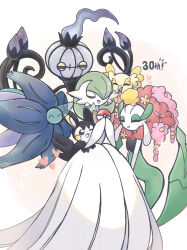  2girls :3 ^_^ absurdres anniversary big_hair blush bob_cut chandelure closed_eyes colored_skin commentary dress elbow_gloves emolga floating florges florges_(red_flower) flower gardevoir glimmora glint gloves green_hair grey_eyes hair_flower hair_ornament hair_over_one_eye hands_up happy highres holding holding_poke_ball light_blush long_dress mega_gardevoir mega_pokemon multiple_girls one_eye_closed one_eye_covered open_mouth orange_flower oricorio oricorio_(pom-pom) own_hands_together poke_ball poke_ball_(basic) pokemon pokemon_(creature) red_hair short_hair simple_background smile sparkle standing suzu_(pixiv_32232702) u_u white_background white_dress white_gloves white_skin 