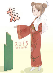  1girl 2019 bamboo blush brown_hair commentary_request double_bun full_body gradient_background hair_bun happy_new_year highres japanese_clothes kimono let's_draw_short-haired_hinanawi_tenshi long_sleeves looking_at_viewer obi open_mouth original pa._(tatuya28001) red_eyes red_kimono sash sidelocks socks standing swept_bangs white_background white_socks wide_sleeves yellow_background 