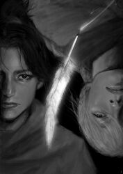  2girls absurdres black_background chi.:_chikyuu_no_undou_ni_tsuite commentary draka_(chi.) floating_hair greyscale highres jolenta k05062688 lips monochrome multiple_girls nose quill short_hair simple_background untranslatable_commentary upper_body 