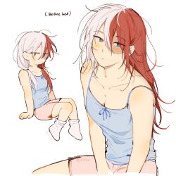  1girl arm_support blue_camisole blue_eyes blush boku_no_hero_academia camisole english_text full_body genderswap genderswap_(mtf) grey_eyes heterochromia highres invisible_chair joikzo long_hair multicolored_hair pink_shorts red_hair shorts simple_background sitting socks split-color_hair todoroki_shoto two-tone_hair white_background white_hair white_socks 