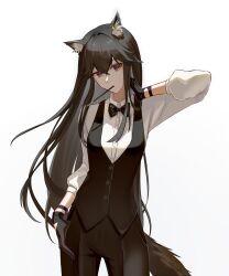  1girl alternate_costume animal_ear_fluff animal_ear_piercing animal_ears arknights black_bow black_bowtie black_gloves black_hair black_pants black_vest bow bowtie brown_eyes buttons chinese_commentary collared_shirt commentary cowboy_shot crossed_bangs food food_in_mouth gloves gradient_background grey_background hair_between_eyes hand_in_pocket hand_on_own_neck highres long_hair pants pocky pocky_in_mouth shirt solo standing tail texas_(arknights) three-quarter_sleeves traditional_bowtie vest waistcoat white_background white_shirt wolf_ears wolf_girl wolf_tail zijiang67709 