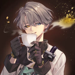  1boy black_sclera blue_eyes brown_background coat colored_sclera commentary_request cup gloves grey_gloves grey_hair grin hands_up heterochromia holding holding_cup looking_at_viewer male_focus mismatched_sclera reverse:1999 smile solo steam steaming_cup susii teacup upper_body white_coat x_(reverse:1999) yellow_eyes 