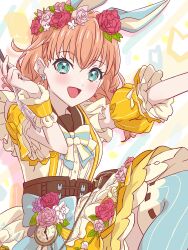  1girl :d absurdres animal_ears aqua_eyes arms_up black_sailor_collar blue_bow blue_bowtie blue_thighhighs bow bowtie brown_corset commentary_request corset detached_sleeves fake_animal_ears flower frilled_skirt frills fushigi_to_kimi_to_library hair_flower hair_ornament highres hinoshita_kaho link!_like!_love_live! looking_at_viewer love_live! medium_skirt myrain56991013 open_mouth orange_hair outstretched_arm pink_flower pink_rose pinstripe_sleeves pinstripe_thighhighs pocket_watch puffy_short_sleeves puffy_sleeves rabbit_ears rose sailor_collar shirt short_sleeves skirt smile solo thigh-highs virtual_youtuber watch white_background white_shirt yellow_skirt yellow_sleeves 