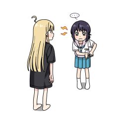  ... 2girls ahoge bbim_jae black_hair black_shirt blonde_hair blue_skirt blush_stickers cho_kaguya-hime! frown full_body green_eyes hair_bun hashtag-only_commentary hunched_over kaguya_(cho_kaguya-hime!) lightning_bolt_symbol long_hair long_shirt looking_at_another mole mole_under_eye multiple_girls open_mouth pleated_skirt red_eyes sakayori_iroha school_uniform serafuku shirt short_sleeves skirt socks spoken_ellipsis white_shirt white_socks 