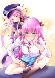  2girls :t ^_^ absurdres aikawa_megumi ascot black_hat black_ribbon black_socks blush breasts brown_skirt closed_eyes closed_mouth clothes_around_waist collared_shirt commentary_request double_bun dress_shirt embarrassed eyelashes eyes_visible_through_hair foot_out_of_frame frown green_eyes hair_between_eyes hair_brush hair_bun hair_over_shoulder hair_ribbon hand_on_own_cheek hand_on_own_face hand_up hands_up hat heaven_burns_red highres holding holding_another's_hair holding_hair_brush indian_style jacket jacket_around_waist kneehighs ksnkhka0410 kunimi_tama long_hair long_sleeves looking_at_viewer medium_breasts miniskirt multiple_girls musical_note neck_ribbon nose_blush peaked_cap pink_hair plaid_clothes plaid_skirt pleated_skirt pout red_ascot red_ribbon ribbon shirt sidelocks simple_background sitting skirt sleeves_rolled_up smile socks split_mouth standing straight_hair sweatdrop two_side_up v-shaped_eyebrows very_long_hair white_ribbon white_shirt yellow_background 
