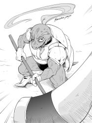  1boy beard commentary_request deltarune facial_hair from_above full_body gerson_(hammer_of_justice) gerson_boom greyscale hammer holding holding_hammer long_eyebrows long_hair male_focus micchan_sense monochrome muscular muscular_male one_eye_closed open_mouth ponytail shoes signature smile solo teeth turtle_boy turtle_shell twitter_username utdr_(toby_fox) 