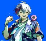  1boy black_nails blue_background blue_jacket bracelet chain_necklace clenched_hand closed_eyes floral_print fuwa_minato grey_hair hawaiian_shirt jacket jewelry long_hair male_focus multicolored_hair necklace nijisanji open_mouth pink_hair purple_hair shirt short_sleeves simple_background smile solo streaked_hair toto_nizi virtual_youtuber white_shirt 
